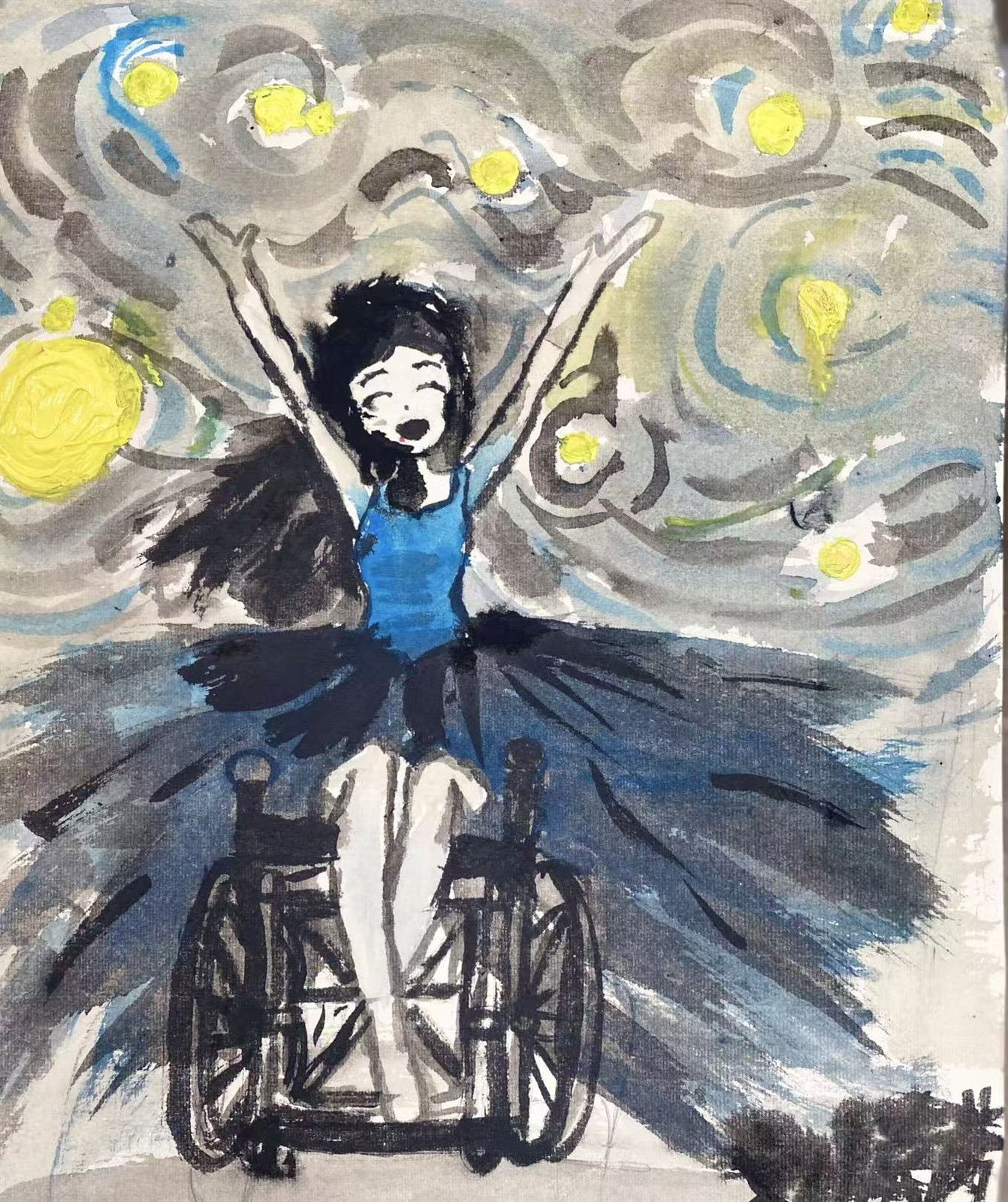 水粉水墨画：梵高星夜般旋转的星空下，坐在轮椅上的芭蕾舞者张开双臂，黑色纱裙展开如翼