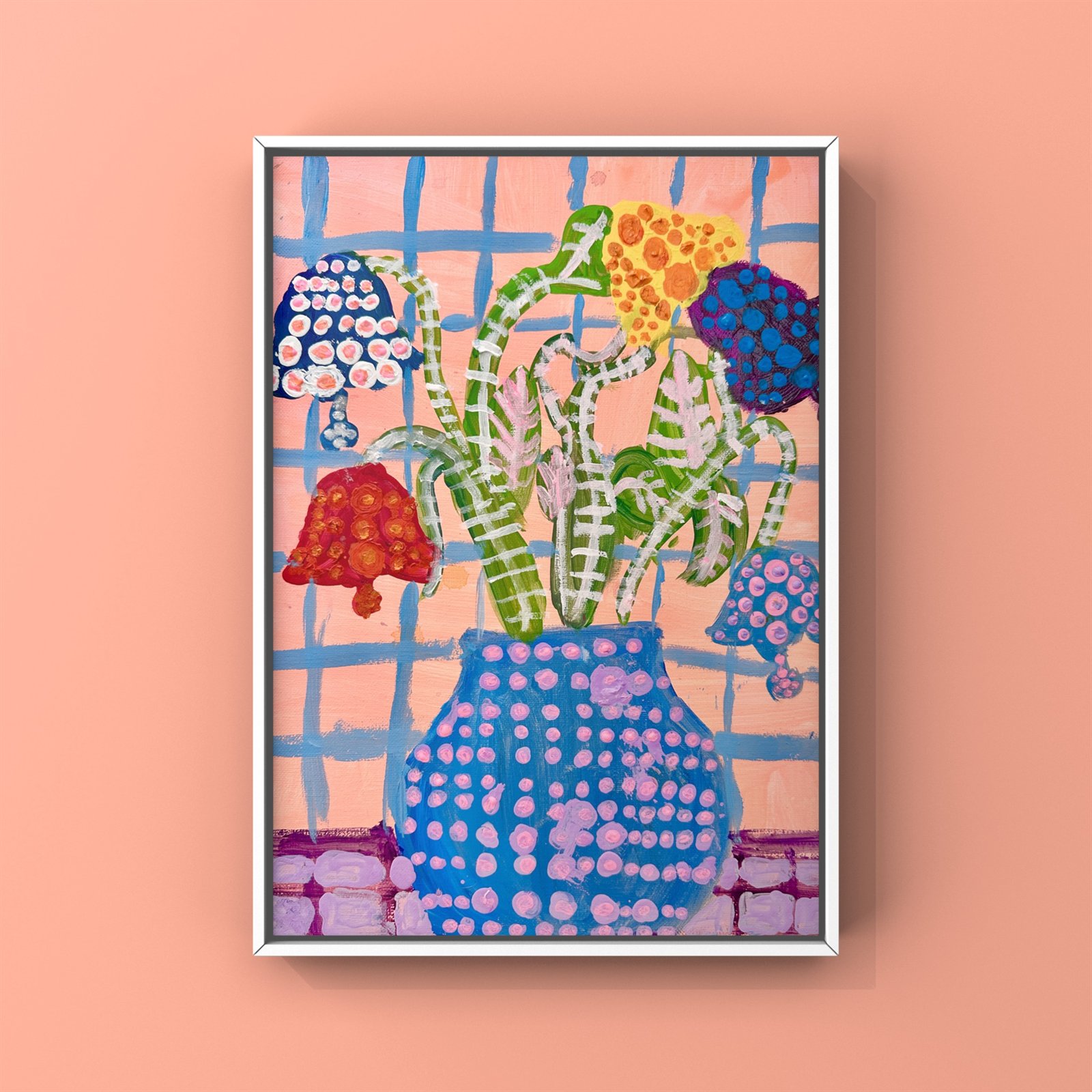水粉画：粉色格纹背景前，蓝底粉点的花瓶里插满铃兰与绒球一样的花